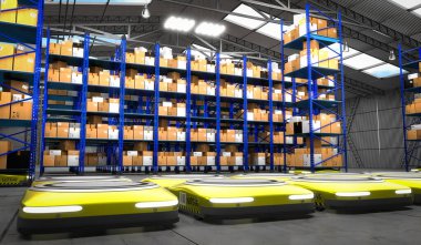 Paketleri, rafları ve robotları olan bir depo - 3 boyutlu illüstrasyon