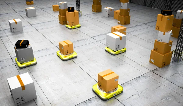 Autonomous robots moving packages in warehouse - 3D illustration