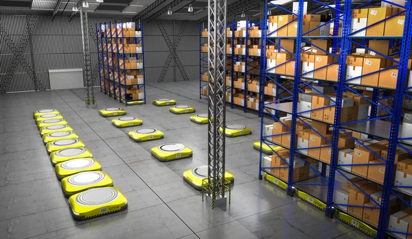 Warehouse with packages, rack shelves and robots - 3D illustration