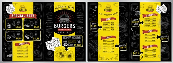 Burger Bar Menu Template Size Sides Wraps Burgers Soups Drinks — Vetor de Stock