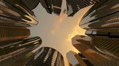 İş bölgesinde gökdelenlerin üzerinde uçan yolcu uçağı, aşağıdan görünüm - 3840x2160 px).