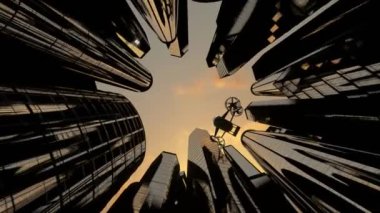 İş bölgesinde gökdelenlerin üzerinde uçan yolcu uçağı, aşağıdan görünüm - 3840x2160 px).