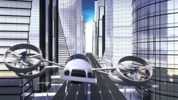 Drone Pasajeros Volando Sobre Una Calle Entre Edificios Oficinas Rascacielos — Vídeo de stock