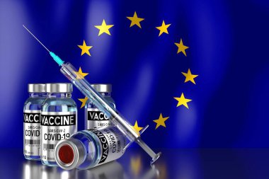 Covid-19, SARS-CoV-2, Avrupa Birliği 'nde koronavirüs aşısı programı, dört şişe ve şırınga - 3D illüstrasyon