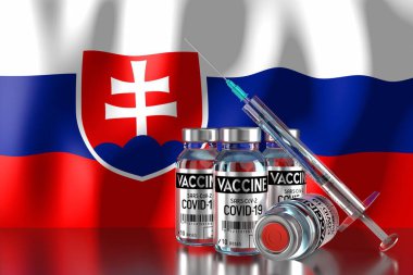 Covid-19, SARS-CoV-2, Slovakya 'da koronavirüs aşısı programı, dört şişe ve şırınga - 3 boyutlu illüstrasyon