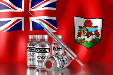 Covid-19, SARS-CoV-2, Bermuda 'da koronavirüs aşısı programı, dört şişe ve şırınga - 3 boyutlu illüstrasyon