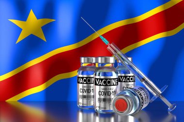 Covid-19, SARS-CoV-2, Kongo 'da koronavirüs aşısı programı, dört şişe ve şırınga - 3 boyutlu illüstrasyon
