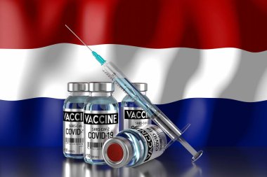 Covid-19, SARS-CoV-2, Hollanda 'da koronavirüs aşısı programı, dört şişe ve şırınga - 3D illüstrasyon