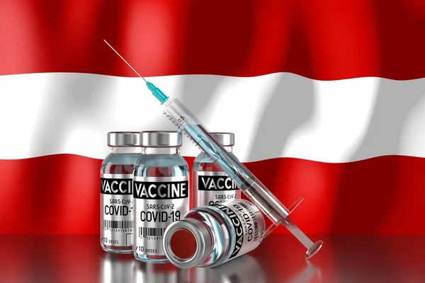 Covid Sars Cov Coronavirusvaccinatieprogramma Oostenrijk Vier Injectieflacons Spuit Illustratie — Stockfoto