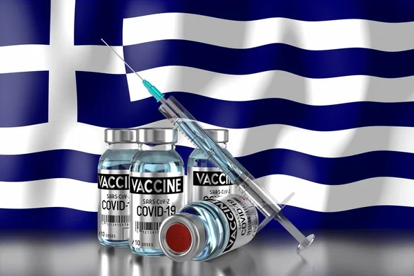 Covid Sars Cov ギリシャのコロナウイルスワクチン接種プログラム 4つのバイアルと注射器 3Dイラスト — ストック写真