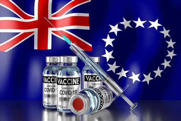 Covid-19, SARS-CoV-2, Cook Adaları 'nda koronavirüs aşısı programı, dört şişe ve şırınga - 3 boyutlu illüstrasyon