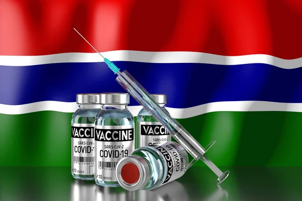 Covid Sars Cov Vaccinationsprogram För Koronavirus Gambia Fyra Injektionsflaskor Och — Stockfoto