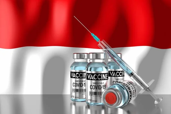Covid Sars Cov インドネシアでのコロナウイルスワクチン接種プログラム 4つのバイアルと注射器 3Dイラスト — ストック写真