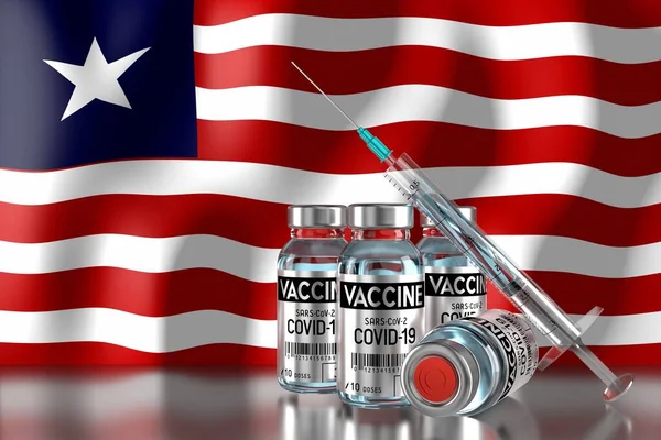 Covid Sars Cov リベリアのコロナウイルスワクチン接種プログラム 4つのバイアルと注射器 3Dイラスト — ストック写真