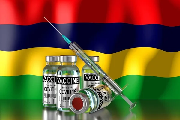 Covid Sars Cov モーリシャスのコロナウイルスワクチン接種プログラム 4つのバイアルと注射器 3Dイラスト — ストック写真