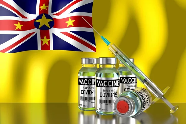 Covid-19, SARS-CoV-2, Niue 'deki koronavirüs aşı programı, dört şişe ve şırınga - 3 boyutlu illüstrasyon