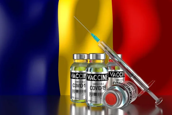 Covid Sars Cov Програма Вакцинації Коронавірусу Румунії Чотири Флакони Шприц — стокове фото