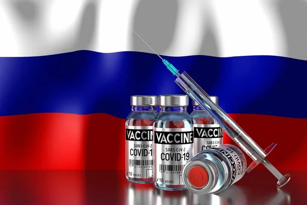 Covid Sars Cov ロシアでのコロナウイルスワクチン接種プログラム 4つのバイアルと注射器 3Dイラスト — ストック写真
