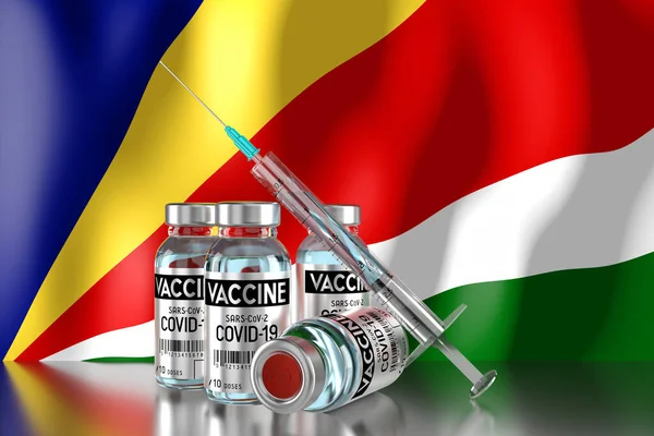 Covid-19, SARS-CoV-2, Seyşeller 'deki koronavirüs aşısı programı, dört şişe ve şırınga - 3D illüstrasyon