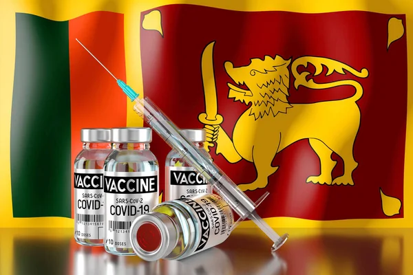 Covid-19, SARS-CoV-2, Sri Lanka 'da koronavirüs aşısı programı, dört şişe ve şırınga - 3 boyutlu illüstrasyon