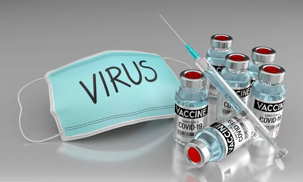 Covid Vaccin Koncept Ansiktsmask Injektionsflaskor Spruta Illustration — Stockfoto