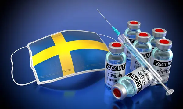 Covid Sars Cov Vaccinationsprogram För Koronavirus Sverige Ansiktsmask Injektionsflaskor Spruta — Stockfoto