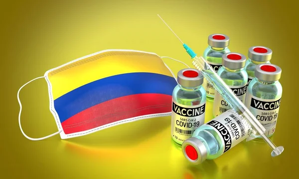 Covid Sars Cov Coronavirus Vaccination Programme Colombia Face Mask Vials — Stock Photo, Image