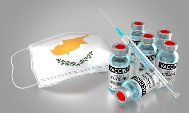 Covid-19, SARS-CoV-2, Kıbrıs 'ta koronavirüs aşısı programı - yüz maskesi, şişeler, şırınga - 3D illüstrasyon