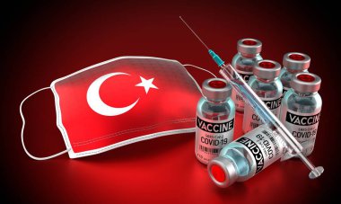 Covid-19, SARS-CoV-2, Türkiye 'de koronavirüs aşısı programı - yüz maskesi, şişeler, şırınga - 3D illüstrasyon