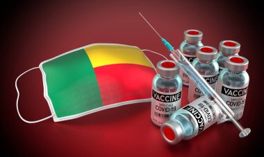 Covid-19, SARS-CoV-2, Benin 'de koronavirüs aşısı programı - yüz maskesi, şişeler, şırınga - 3D illüstrasyon