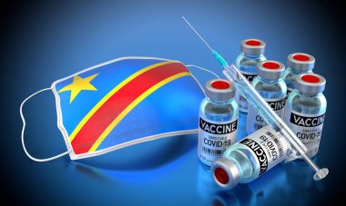 Covid-19, SARS-CoV-2, Kongo 'da koronavirüs aşısı programı - yüz maskesi, şişeler, şırınga - 3 boyutlu illüstrasyon