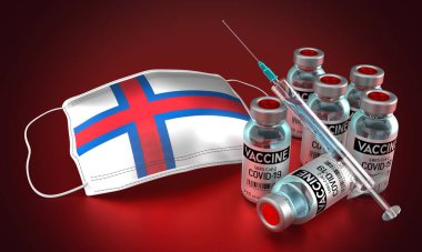 Covid-19, SARS-CoV-2, Faroe Adalarındaki koronavirüs aşı programı - yüz maskesi, şişeler, şırınga - 3D illüstrasyon