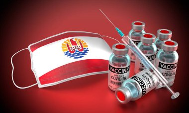 Covid-19, SARS-CoV-2, Fransız Polinezyası 'nda koronavirüs aşısı programı - yüz maskesi, şişeler, şırınga - 3 boyutlu illüstrasyon