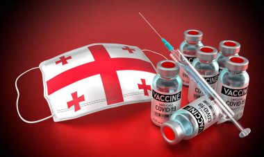 Covid-19, SARS-CoV-2, Gürcistan 'da koronavirüs aşısı programı - yüz maskesi, şişeler, şırınga - 3D illüstrasyon