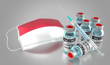 Covid-19, SARS-CoV-2, Endonezya 'da koronavirüs aşısı programı - yüz maskesi, şişeler, şırınga - 3 boyutlu illüstrasyon