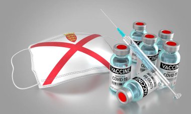 Covid-19, SARS-CoV-2, Jersey 'de koronavirüs aşısı programı - yüz maskesi, şişeler, şırınga - 3 boyutlu illüstrasyon