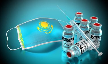 Covid-19, SARS-CoV-2, Kazakistan 'da koronavirüs aşısı programı - yüz maskesi, şişeler, şırınga - 3 boyutlu illüstrasyon