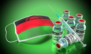 Covid-19, SARS-CoV-2, Malawi 'de koronavirüs aşısı programı - yüz maskesi, şişeler, şırınga - 3 boyutlu illüstrasyon
