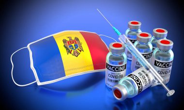Covid-19, SARS-CoV-2, Moldova 'da koronavirüs aşısı programı - yüz maskesi, şişeler, şırınga - 3D illüstrasyon