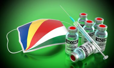 Covid-19, SARS-CoV-2, Seyşeller 'deki koronavirüs aşısı programı - yüz maskesi, şişeler, şırınga - 3D illüstrasyon