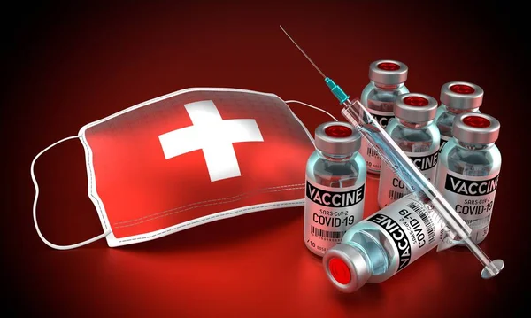 Covid Sars Cov Vaccinationsprogram För Koronavirus Schweiz Ansiktsmask Injektionsflaskor Spruta — Stockfoto