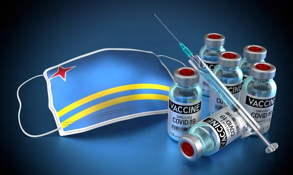 Covid Sars Cov アルバのコロナウイルスワクチン接種プログラム フェイスマスク バイアル 注射器 3Dイラスト — ストック写真