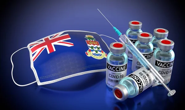 Covid Sars Cov ケイマン諸島のコロナウイルスワクチン接種プログラム フェイスマスク バイアル 注射器 3Dイラスト — ストック写真