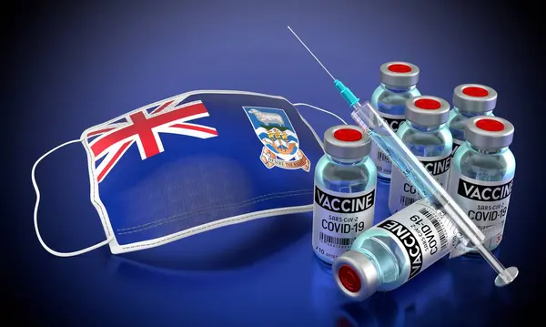 Covid Sars Cov フォークランド諸島のコロナウイルスワクチン接種プログラム フェイスマスク バイアル 注射器 3Dイラスト — ストック写真