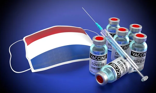 Covid Sars Cov Vaccinationsprogram För Koronavirus Nederländerna Ansiktsmask Injektionsflaskor Spruta — Stockfoto