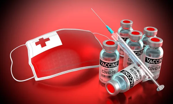 Covid Sars Cov トンガでのコロナウイルスワクチン接種プログラム フェイスマスク バイアル 注射器 3Dイラスト — ストック写真