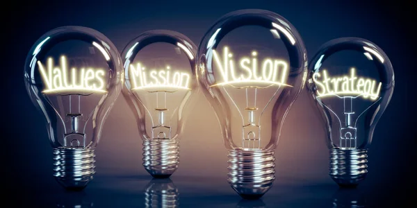Valores Missão Visão Estratégia Brilhando Quatro Lâmpadas Ilustração — Fotografia de Stock