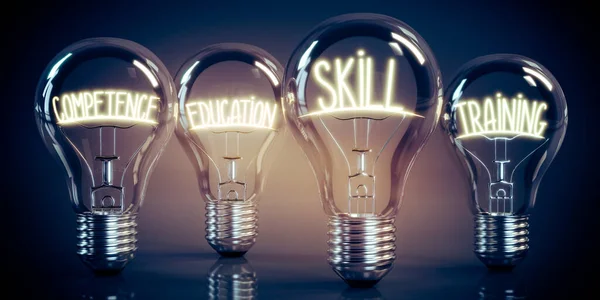 Competence, education, skill, training - shining four light bulbs - 3D illustration