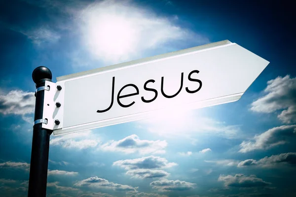 Ісус Сигнал Однією Стрілкою Небо Задньому Плані — стокове фото