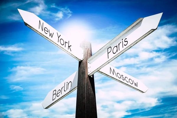 New York Paris Berlin Moscow Signpost Four Arrows — 图库照片